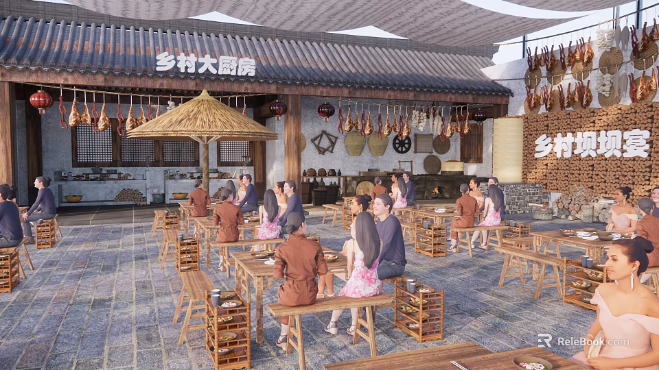 Traditional Rustic Country Kitchen With Hanging Preserved Meat And People Dining At Wooden Tables 3d model 