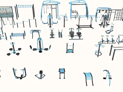 Various Sports Equipment Collection Featuring Dumbbells Treadmills Pull Up Bars and Exercise Bikes 3d model