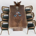 Natural Wooden Dining Table Set With Rattan Chairs And Pampas Grass Vase