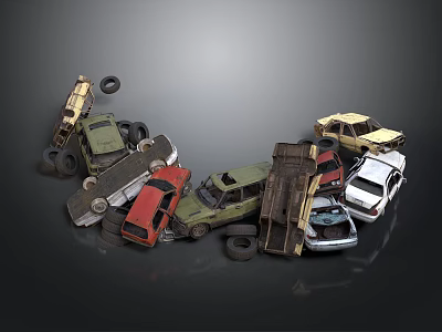 Pile of Abandoned Scrap Cars With Various Colors Tires And Different Models 3d model
