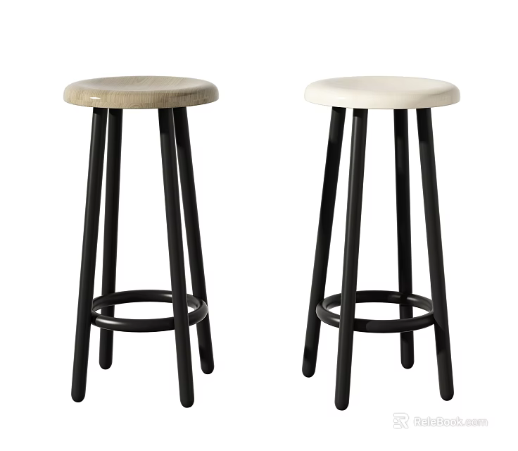 Modern Tall Bar Stools With Black Legs Round Beige White Seats 3d model 