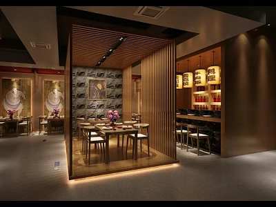 Traditional Restaurant Interior With Wooden Partitions Stone Wall Dining Tables Lanterns And Decorative Paintings 3d model
