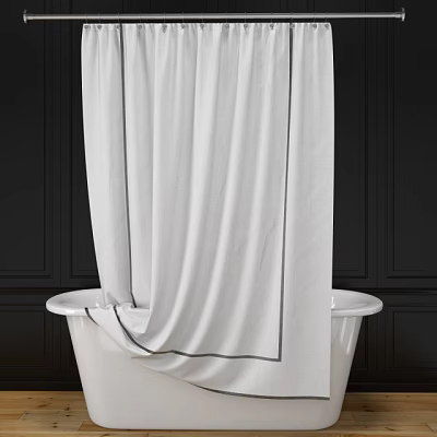 White Shower Curtain With Black Trim For Modern Bathroom Bathtub Decor 3d model