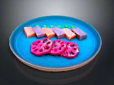 Salmon Slices On Blue Plate With Purple Food Cubes Pink Lotus Root And White Sprinkles 3d model