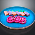 Salmon Slices On Blue Plate With Purple Food Cubes Pink Lotus Root And White Sprinkles