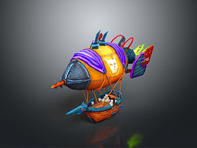 Vibrant Colorful Airship Model With Orange Purple Blue Decorative Elements And Basket Base 3d model