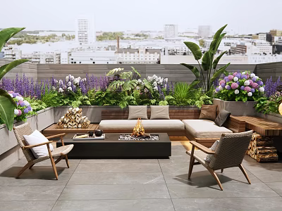 Modern Landscape Seating On Rooftop Terrace With Fire Pit Green Plants And City View 3d model