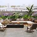 Modern Landscape Seating On Rooftop Terrace With Fire Pit Green Plants And City View
