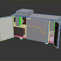 Gray Computer Server Cabinet Featuring Open Doors Internal Components Green Indicator Lights And Yellow Wires