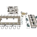 Modern Conference Table Setup With White Chairs Bookshelf And Computer Workstations 3d model