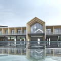 Modern Homestay Building With Triangular Facade Large Glass Windows Multiple Balconies And Water Reflection 3d model