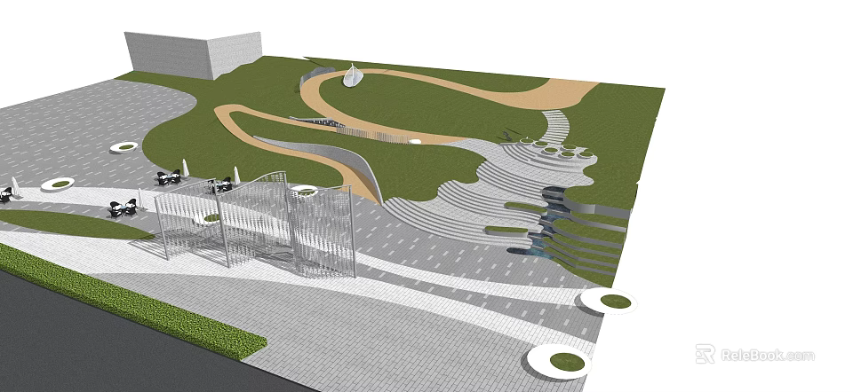 Public Park Design With Green Lawn Curved Pathways Steps And Paved Areas 3d model 