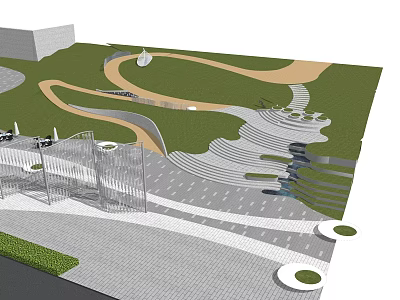 Public Park Design With Green Lawn Curved Pathways Steps And Paved Areas 3d model