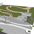 Public Park Design With Green Lawn Curved Pathways Steps And Paved Areas