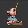 Cute Pig Doll on Wooden Swing with Blue Dress and Red Bow Smiling