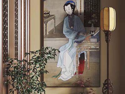 Traditional Chinese Figure Painting Of Female In Blue Robe With Floor Lamp And Green Plant 3d model