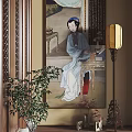 Traditional Chinese Figure Painting Of Female In Blue Robe With Floor Lamp And Green Plant
