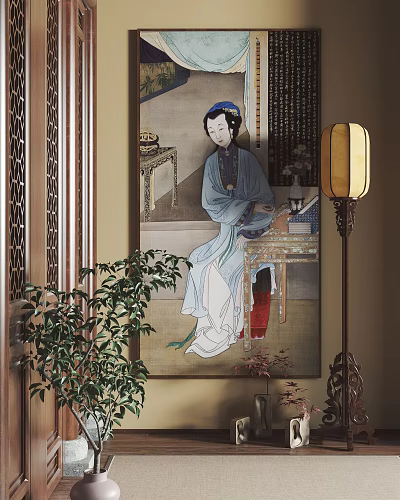 Traditional Chinese Figure Painting Of Female In Blue Robe With Floor Lamp And Green Plant 3d model
