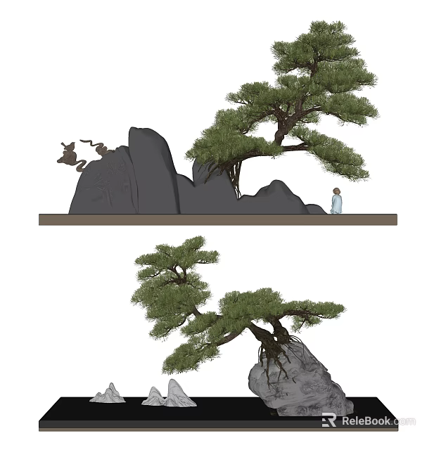 Zen Style Decorative Ornament Set With Pine Tree Rock And Small Figure 3d model