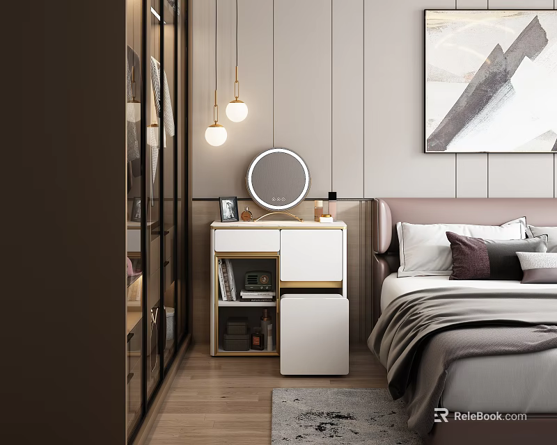 Modern Bedroom Dressing Table With Round Mirror Drawers Pendant Lights And Wall Art 3d model 