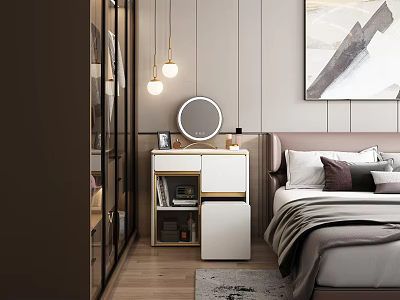 Modern Bedroom Dressing Table With Round Mirror Drawers Pendant Lights And Wall Art 3d model