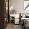Modern Bedroom Dressing Table With Round Mirror Drawers Pendant Lights And Wall Art