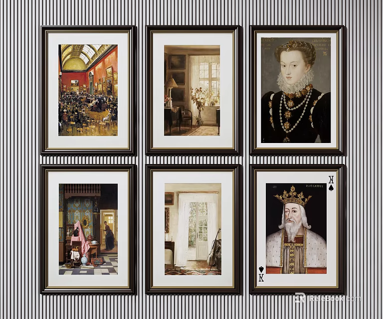 Six Framed Artworks Including Portraits And Interior Scenes For Wall Decor 3d model 