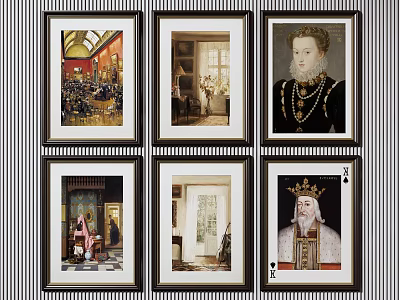 Six Framed Artworks Including Portraits And Interior Scenes For Wall Decor 3d model
