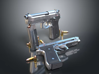 Metallic Silver And Black Pistols With Scattered Bullets On Dark Surface 3d model