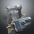 Metallic Silver And Black Pistols With Scattered Bullets On Dark Surface