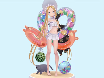 Blonde Game Character in Maid Outfit with Heart Balloons Black Cat Globe and Toys 3d model