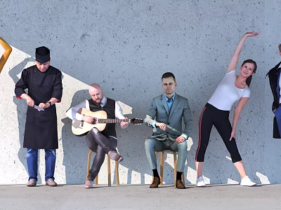Group of People Doing Various Activities Chef Preparing Food Playing Guitar Stretching By Gray Wall 3d model