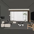 Modern Living Dining Room Interior With Light Sofa Marble Coffee Table And Floor Curtains