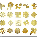 Golden Various Geometric Animal Decorative Patterns With Gears Birds Spirals And Diamonds