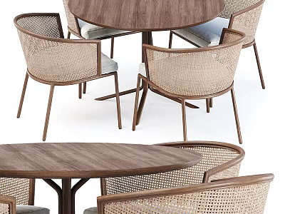 Modern Minimalist Table and Chair Set With Wooden Tabletop and Rattan Weave Design Chairs 3d model