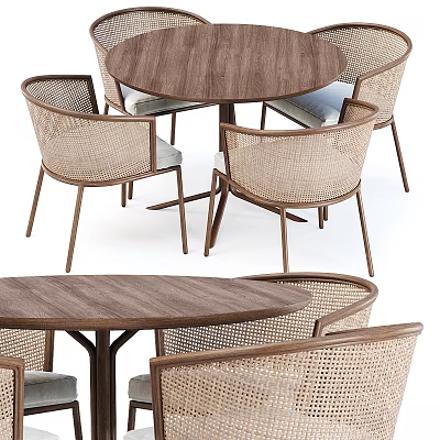 Modern Minimalist Table and Chair Set With Wooden Tabletop and Rattan Weave Design Chairs 3d model