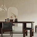 Oval Dark Wood Dining Table Set With Four Chairs Decorative Vase And Pendant Light