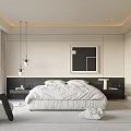 Modern Minimalist Bedroom Interior Design With Large White Bed Black Wall Art And Hanging Lights