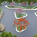 Irregular Tree Planters With Colorful Trees Green Grass And Paved Ground 3d model