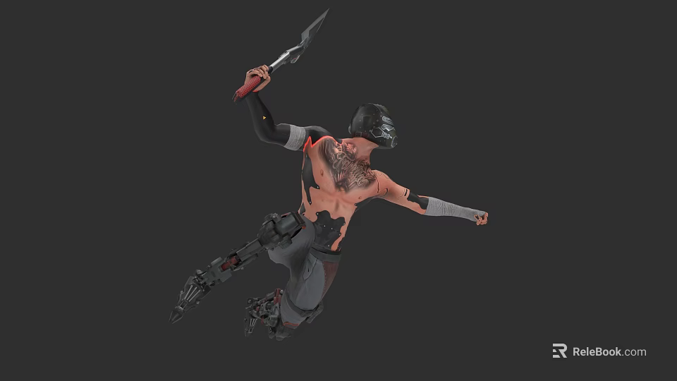 Game Movie Character Mechanical Warrior With Sword Helmet Tattooed Torso And Jumping Action Pose 3d model 
