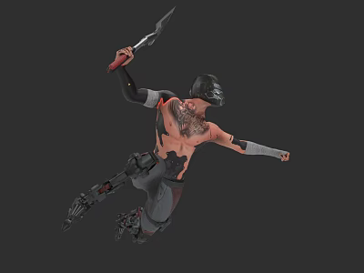 Game Movie Character Mechanical Warrior With Sword Helmet Tattooed Torso And Jumping Action Pose 3d model