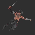 Game Movie Character Mechanical Warrior With Sword Helmet Tattooed Torso And Jumping Action Pose