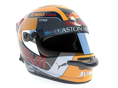 Orange And Black Racing Helmet With JUMBOcom Red Bull Mobil1 Aston Martin PUMA Logos 3d model