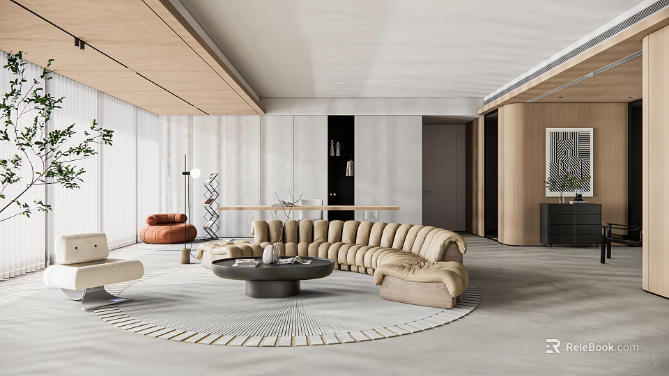 Modern Minimalist Living Room Interior With Beige Curved Sofa Round Coffee Table And Wooden Ceiling 3d model 