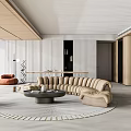 Modern Minimalist Living Room Interior With Beige Curved Sofa Round Coffee Table And Wooden Ceiling