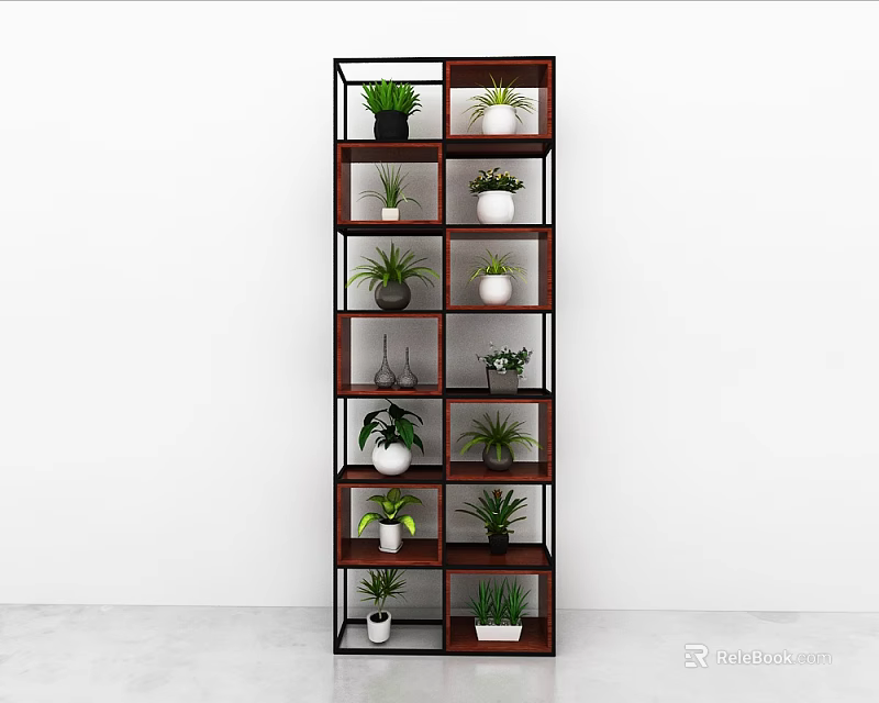 Dark Wood Shelving Unit with Black Metal Frame Multiple Tiers and Potted Plants 3d model 