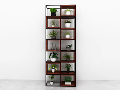 Dark Wood Shelving Unit with Black Metal Frame Multiple Tiers and Potted Plants 3d model