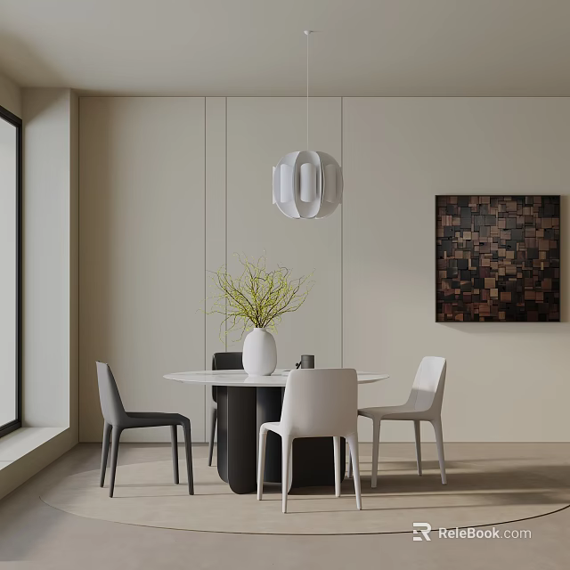 Modern Round Dining Table Set With Chairs Vase Greenery Pendant Light And Abstract Wall Art 3d model 