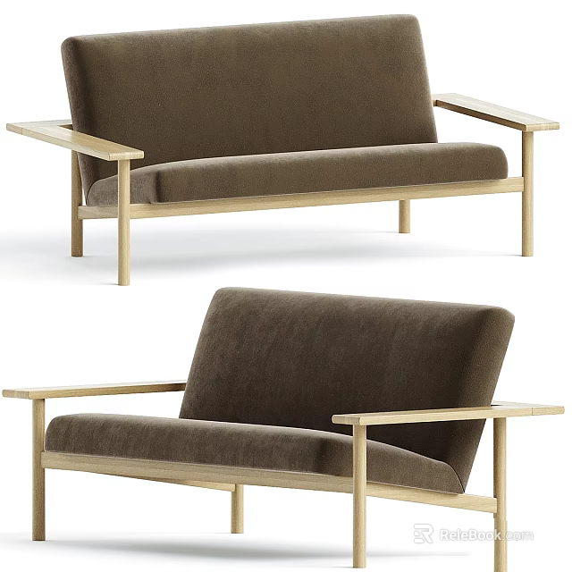 Modern two-seater sofa with light wooden armrests and brown fabric upholstery 3d model 