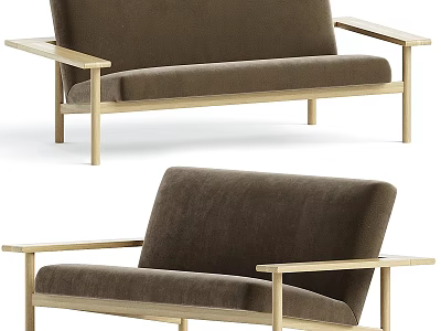 Modern two-seater sofa with light wooden armrests and brown fabric upholstery 3d model